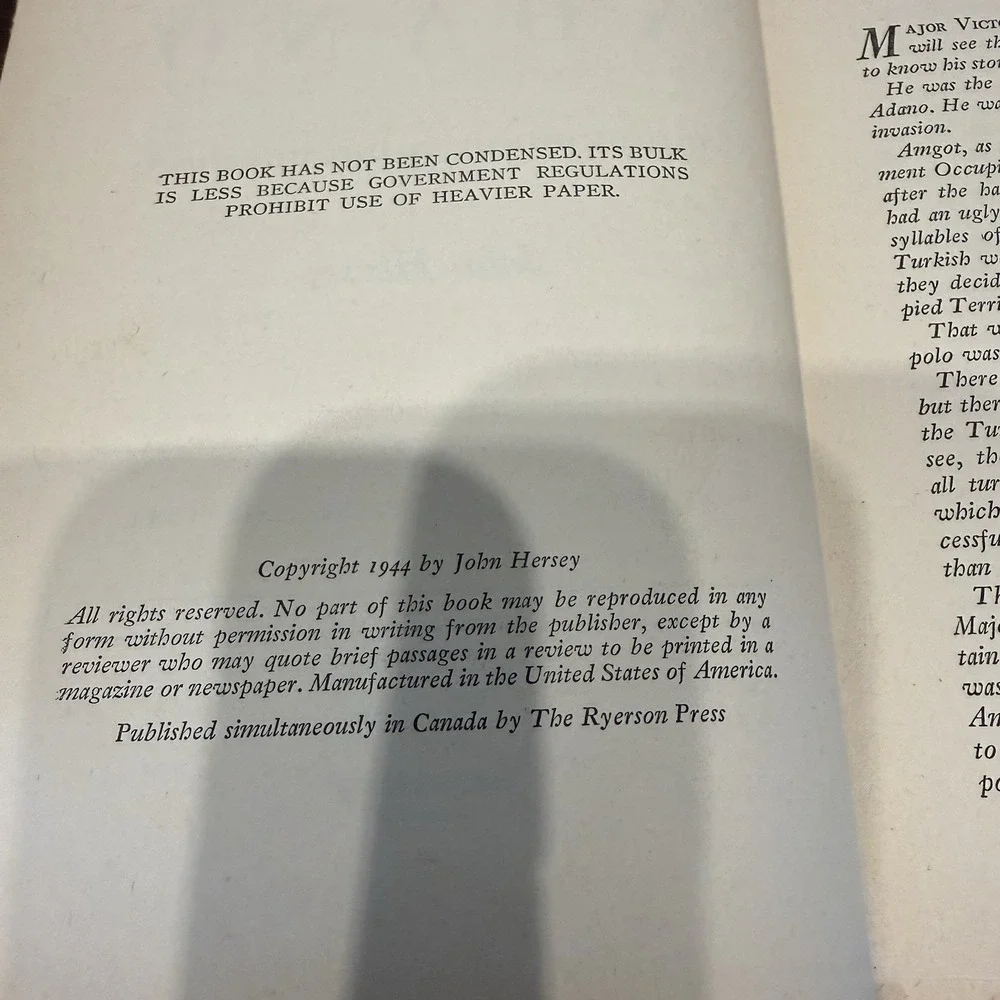 A Bell for Adano John Hersey, 1944 Hardcover, Pulitzer Prize Winner Knopf